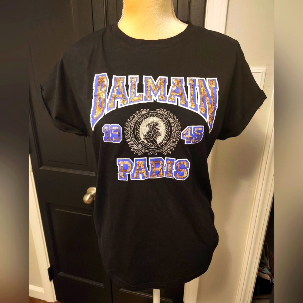 Balmain 1945 Icon Logo Sequined Logo Black T-shirt